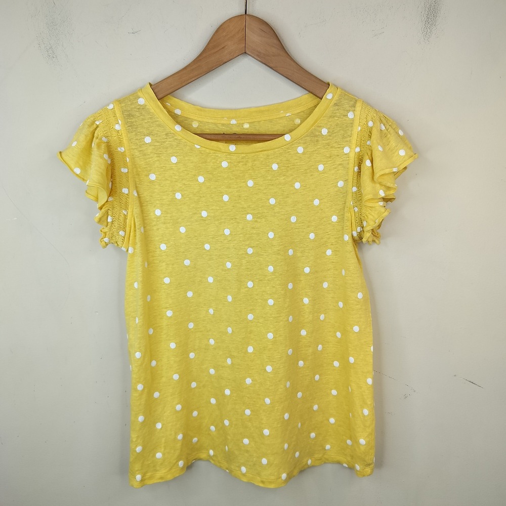 LOFT Linen Polka Dot Top Ruffle Sleeve XS Summer Yellow Tee